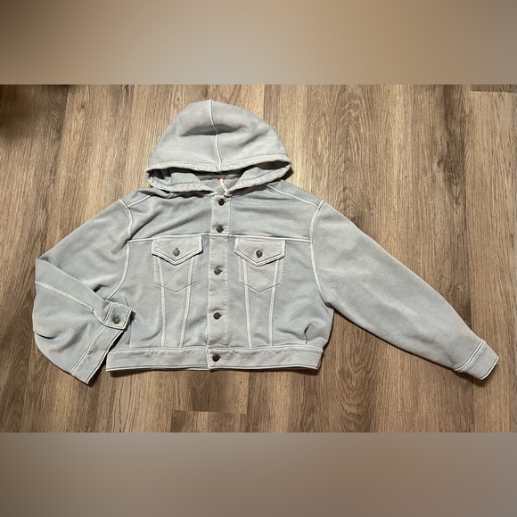 Free People Dreamers Hooded Jacket Blue oversized button closure Size M - Picture 2 of 9